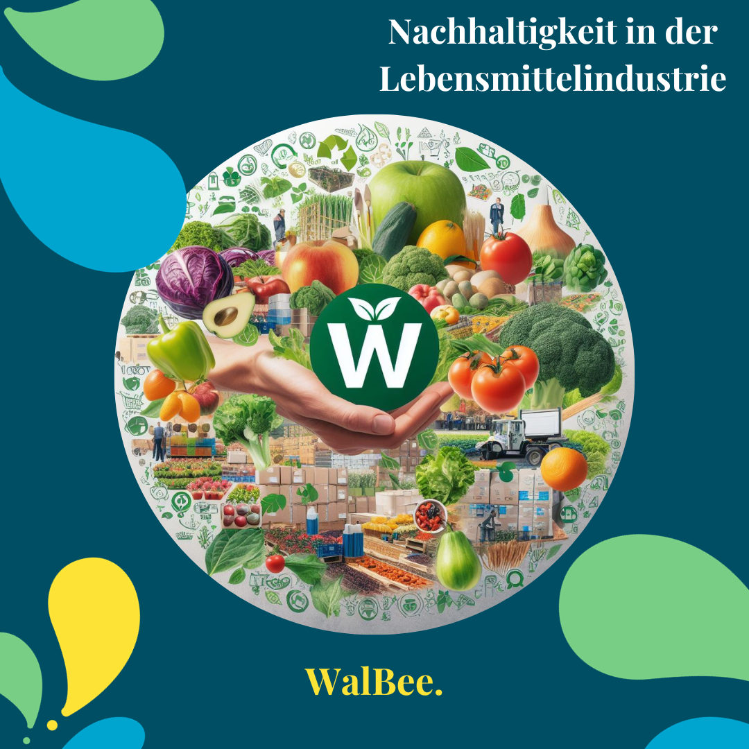 Zeige eine Collage aus Bildern von frischem Obst, Gemüse, Bio-Produkten, nachhaltiger Landwirtschaft und transparenten Lieferketten. In der Mitte des Bildes könntest du das Logo von "Walbee.de" platzieren, um die Verbindung zum Unternehmen herzustellen. Du könntest auch Icons oder Symbole hinzufügen, die die Nachhaltigkeit in der Lebensmittelindustrie repräsentieren, wie z.B. grüne Blätter, Recycling-Symbole und Arbeiter in nachhaltigen Arbeitsumgebungen.