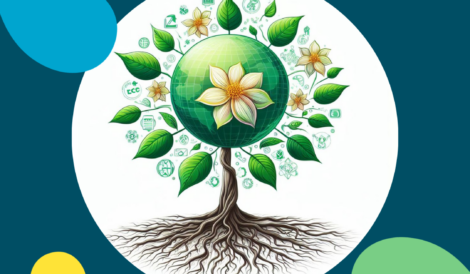 Eine stilisierte Darstellung eines blühenden Baumes mit Wurzeln im Boden und grünen Blättern, die in den Himmel wachsen. In den Blättern des Baumes sind verschiedene Unternehmenssymbole eingebettet, die TCFD, Energiemanagement und GRI-Berichterstattung repräsentieren. Über dem Baum schwebt ein Globus, der die weltweiten Auswirkungen nachhaltiger Geschäftspraktiken zeigt.