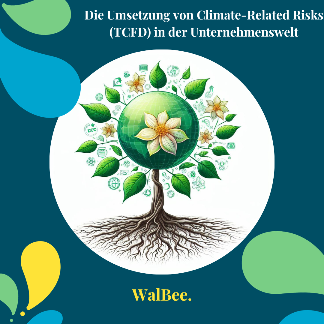 Eine stilisierte Darstellung eines blühenden Baumes mit Wurzeln im Boden und grünen Blättern, die in den Himmel wachsen. In den Blättern des Baumes sind verschiedene Unternehmenssymbole eingebettet, die TCFD, Energiemanagement und GRI-Berichterstattung repräsentieren. Über dem Baum schwebt ein Globus, der die weltweiten Auswirkungen nachhaltiger Geschäftspraktiken zeigt.