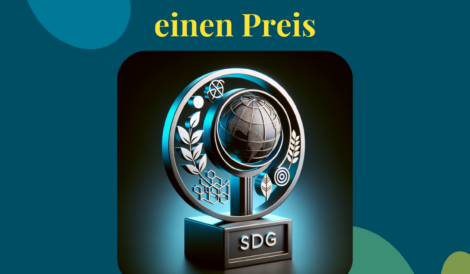 Das Bild zeigt einen elegant gestalteten SDG-Award-Pokal, der Nachhaltigkeit und Engagement für globale Entwicklungsziele symbolisiert.