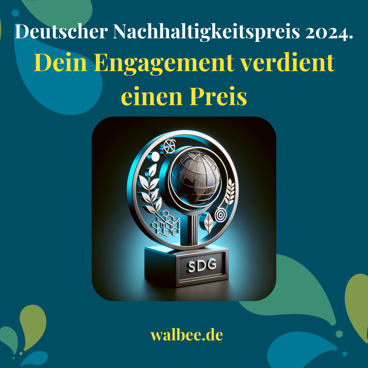 Das Bild zeigt einen elegant gestalteten SDG-Award-Pokal, der Nachhaltigkeit und Engagement für globale Entwicklungsziele symbolisiert.